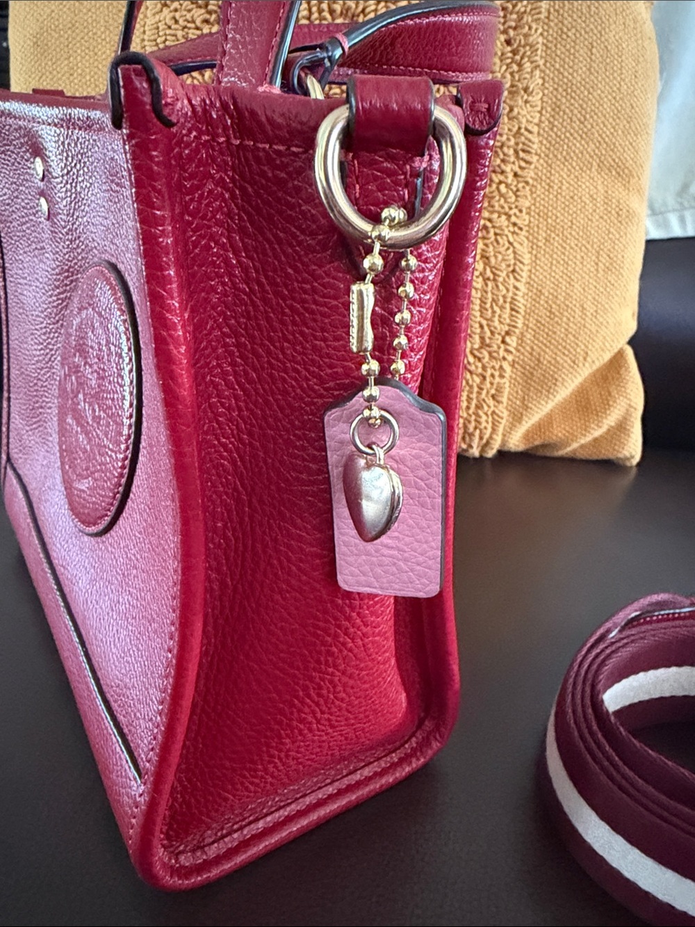 Coach Red Pebbled Leather Crossbody Tote with Striped Removable Strap - Picture 2 of 9